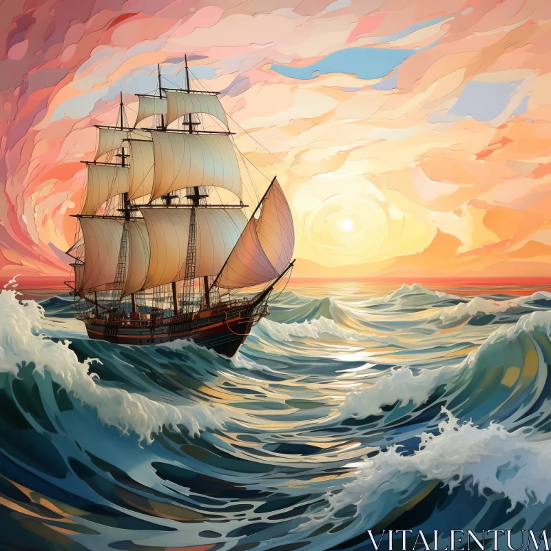 Intricate Sailing Ship in Tempestuous Sunset Sea AI Image