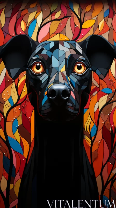 Neocubism and Gond Art Image with Black Dog Amidst Vibrant Leaves AI Image