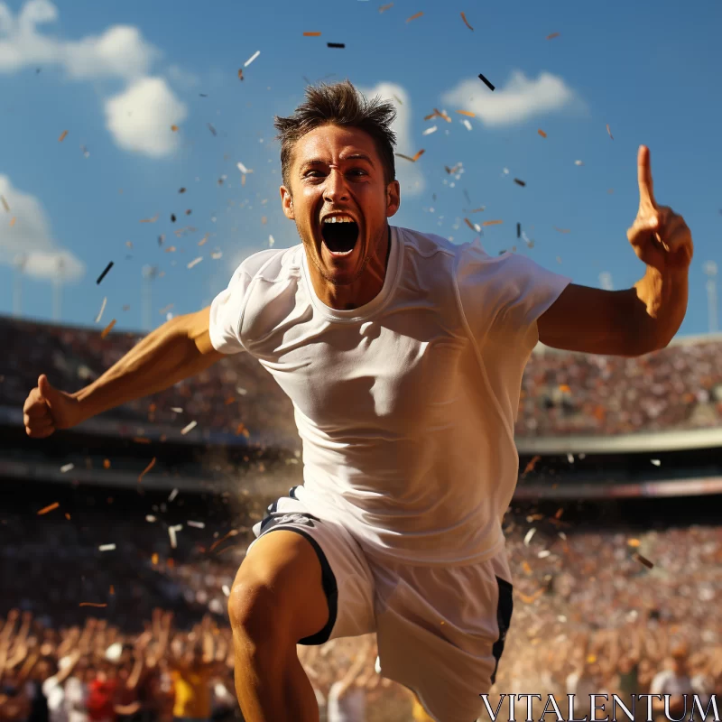 Triumphant Young Boy Holding Sports Ball on Confetti-Filled Field AI Image