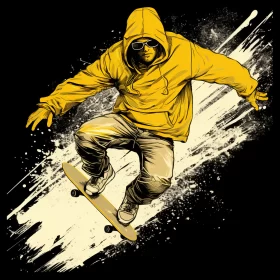 Edgy Skateboarder Illustration in Vibrant Yellow Hoodie AI Image
