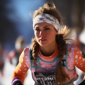 Intense Ski Race Scene with Determined Woman in Vibrant Attire AI Image
