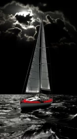 Photorealistic Red Sailboat on Sea Under Black Sky with Silver Moon AI Image