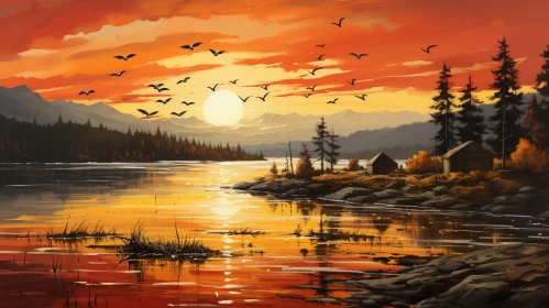 Serene Sunset Over Lake with Rustic Cabincore Aesthetic and Ornithological Theme AI Image