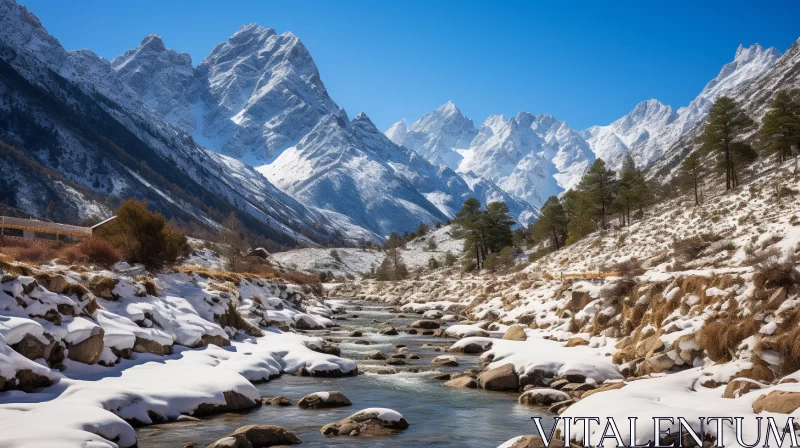 Snowy Mountain Range and Stream in Amber and Azure AI Image