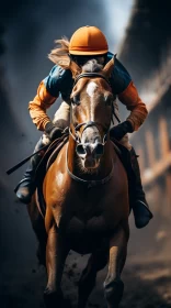 Captivating Horse Race Image in Vibrant Orange and Blue Tones AI Image