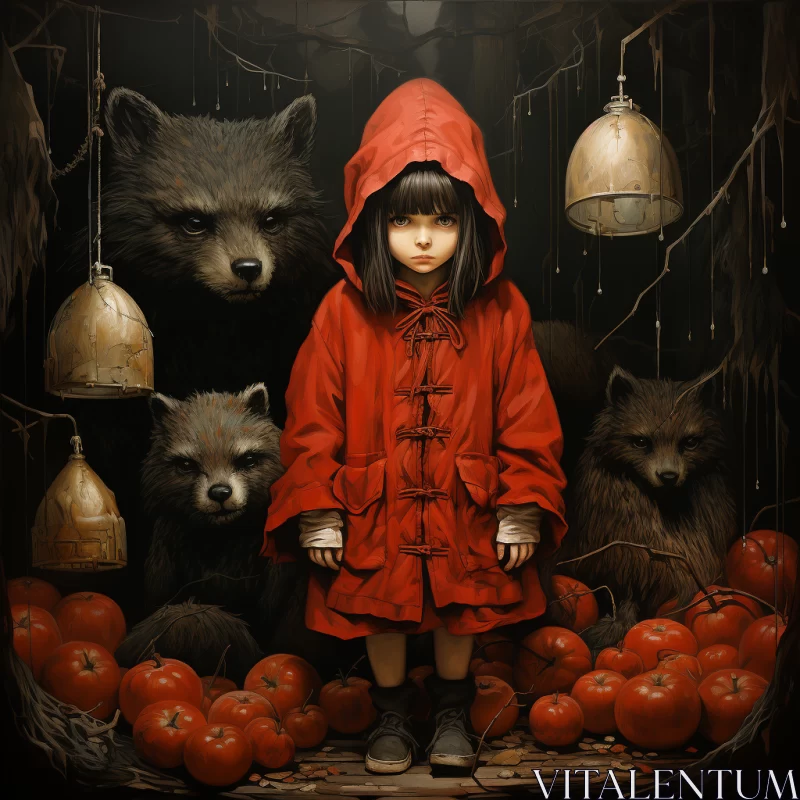 Enigmatic Girl with Wolves - A Rustic Still Life Artwork AI Image