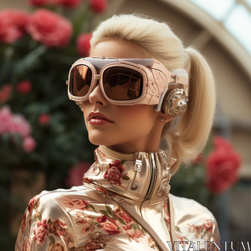 AI ART Futuristic Glam - Woman in Floral Outfit with Goggles