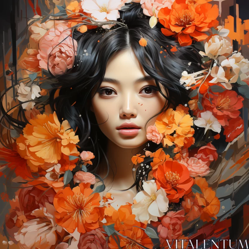Mysterious Asian-Inspired Painting with Floral Adornment AI Image