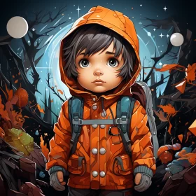 Mysterious Jungle Adventure: Boy in Orange Jacket Illustration AI Image