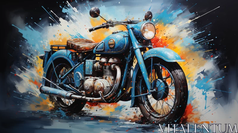 Vintage Style Blue Motorcycle Canvas Painting AI Image