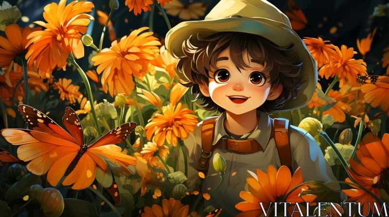 Boy in Orange Flower Field: A Fairy Academia 2D Art AI Image