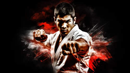 Dynamic Karate Fighter Pose Against Stark Black Background AI Image