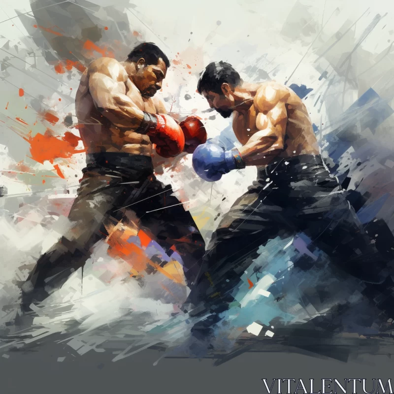 Intense Boxing Match in Mixed Media Art with Abstract Elements AI Image