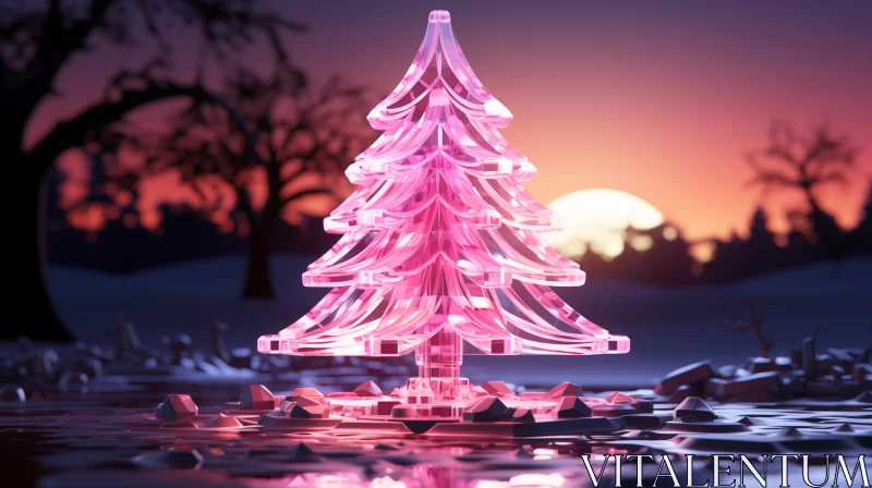 Pink Christmas Tree at Sunset: A Fusion of Styles AI Image