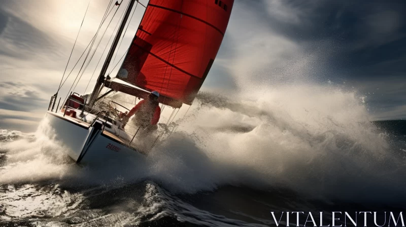 Red Sailboat Braving Stormy Seas in High-Energy Photojournalism Style Image AI Image