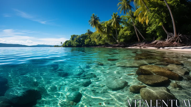 Serene Beach Scene with Clear Waters and Palm Trees AI Image