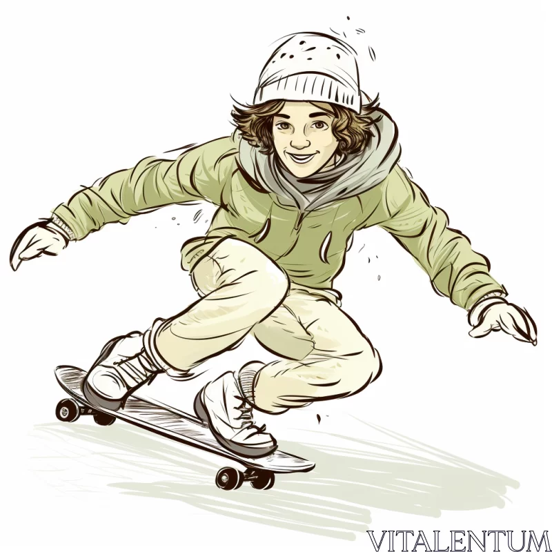 AI ART Youthful Skateboarding Protagonist in Snowy Manga Sketch with Vintage Vibe