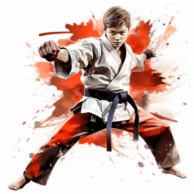 Dynamic Martial Arts Masterpiece in Vivid Colors Featuring Boy in Karate Suit AI Image