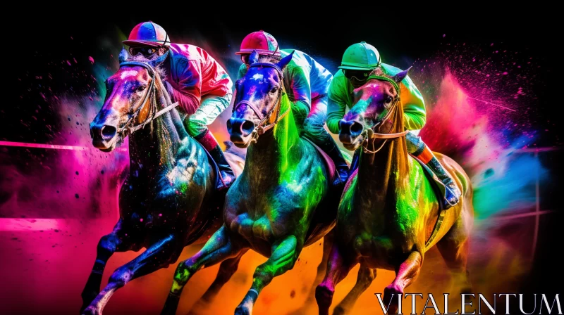 Dynamic Race Scene with Horses & Jockeys in Colorful Powder Storm AI Image