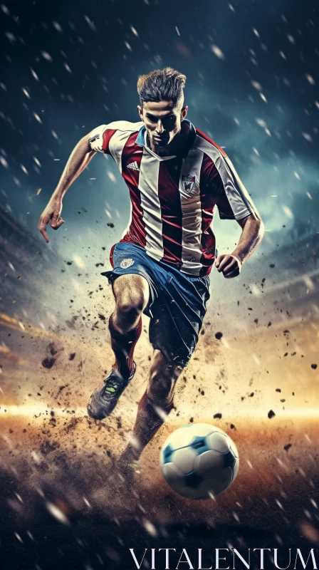 Dynamic Soccer Player Scene in Rainstorm with Realistic Portraiture, Vibrant Colors, and Kimoicore-H AI Image