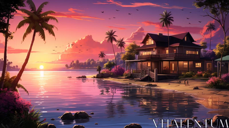 Tranquil Tropical Landscape at Sunset in Anime Style AI Image