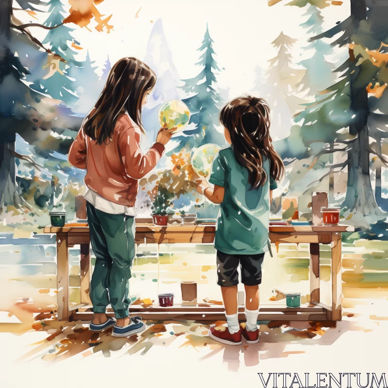AI ART Watercolor Artwork - Two Girls Painting in Nature