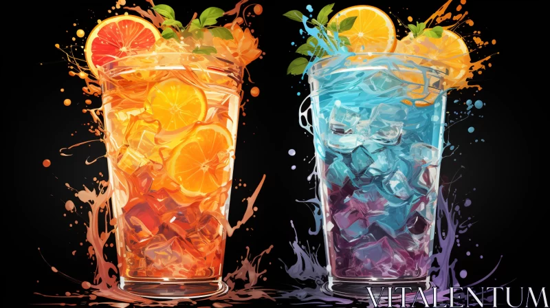 Colorful Liquid Splashes in Cocktail Glasses Illustration AI Image