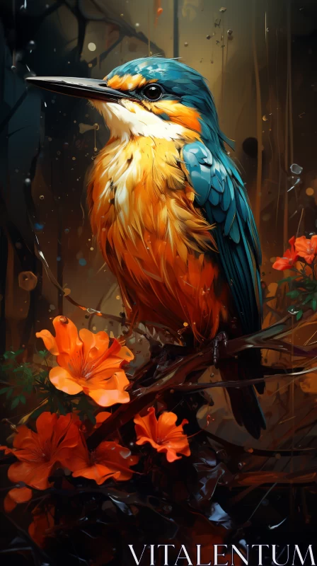 Exquisite Bird on Delicate Branch: Vibrant Feathers, Colorful Flowers, and Ethereal Beauty AI Image