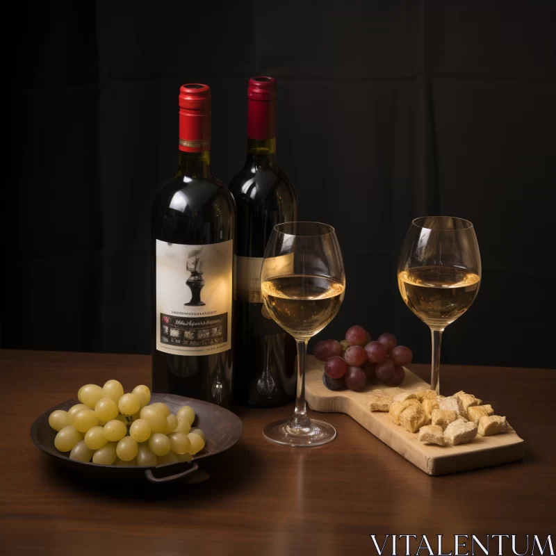 Grapes and Cheese Plate with Wine - A Luminous Blend of Natural and Man-Made Elements AI Image