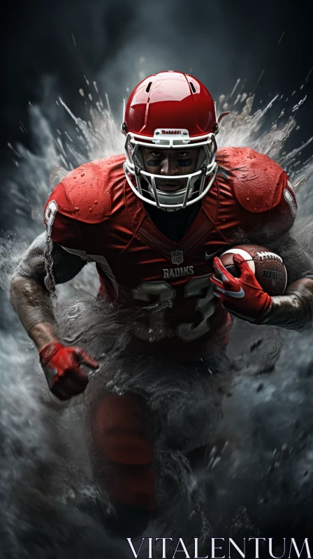 Intense Football Player in Red and Black Mid-Run, High Contrast Art AI Image
