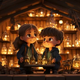 Charming Cartoon Characters in a Candle Lit Cozy House