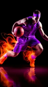 Dynamic Basketball Player in Ultraviolet Light with Surreal Flame Effects AI Image