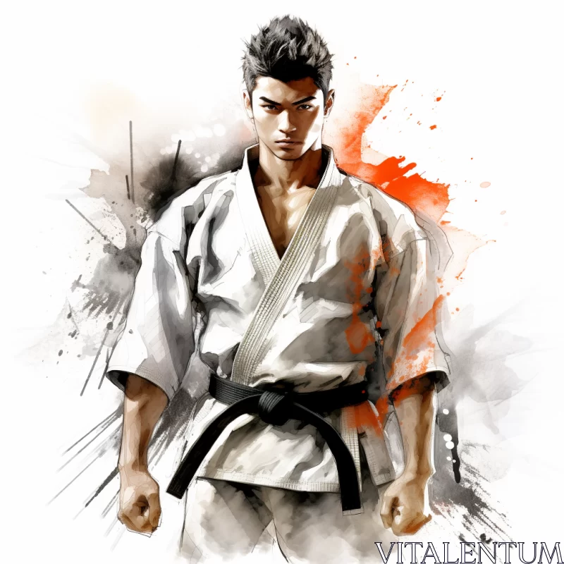 High-Definition Watercolor Style Karate Player Artwork in Manga Influence AI Image