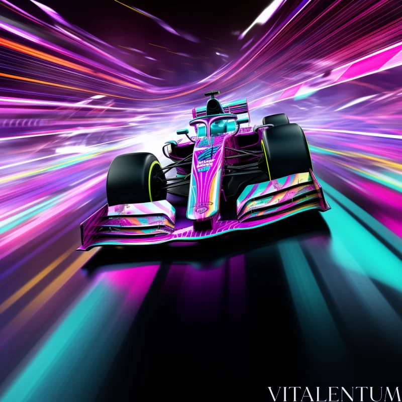 Neon-Lit Pop Art Race Car Image in Motion with Rainbow Background  - AI Generated Images AI Image