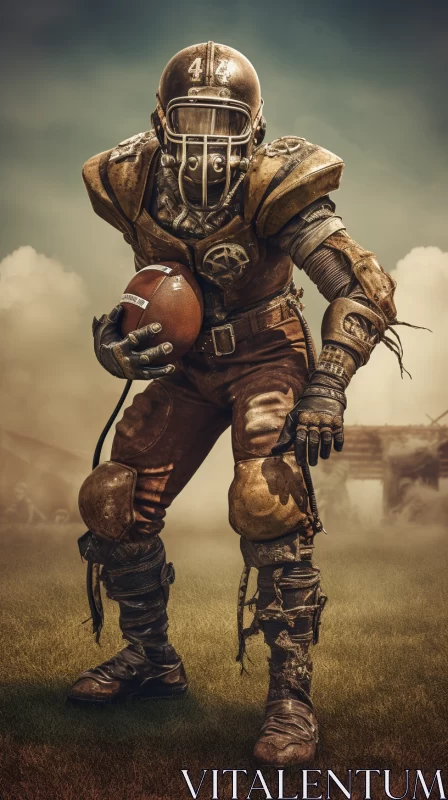 AI ART Vintage Football Player in Modern Gear Amidst Post-Apocalyptic Scene