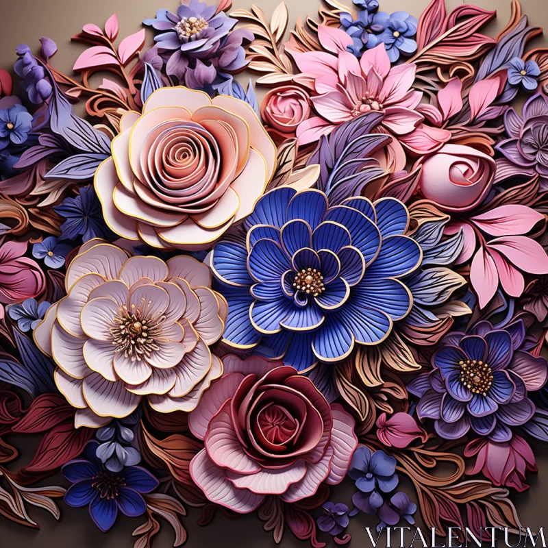 3D Paper Flowers Art in Woodcarving Style AI Image