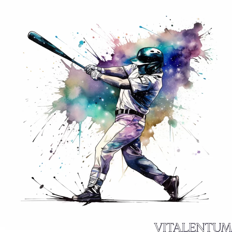 Athletic Baseball Player in Action: A Watercolor Portrait AI Image