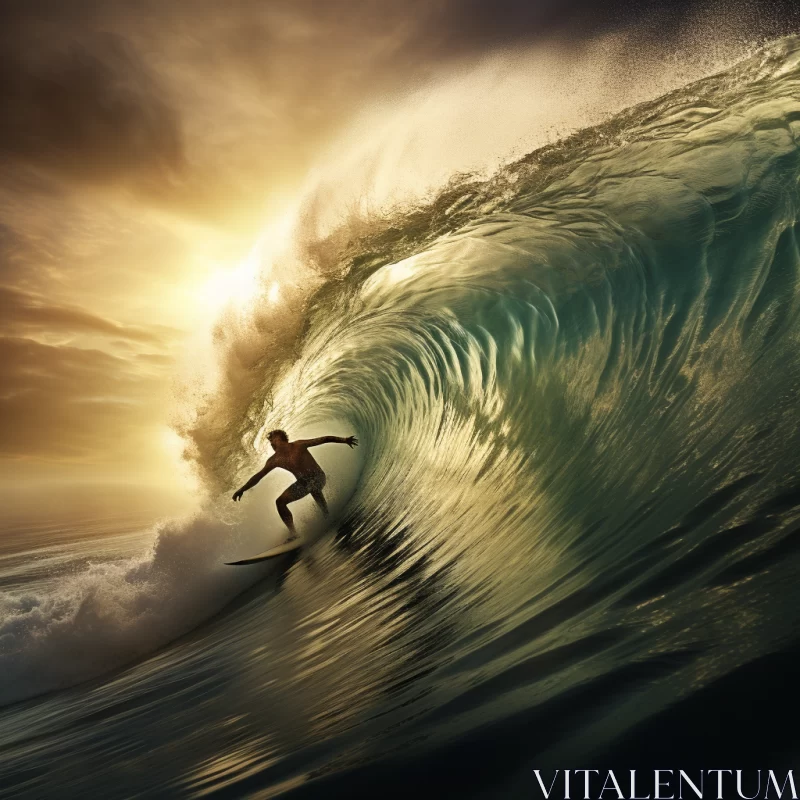 Breathtaking Sunset Surfing Scene - High-Detail Photorealistic Image of Surfer Riding Gigantic Wave  AI Image