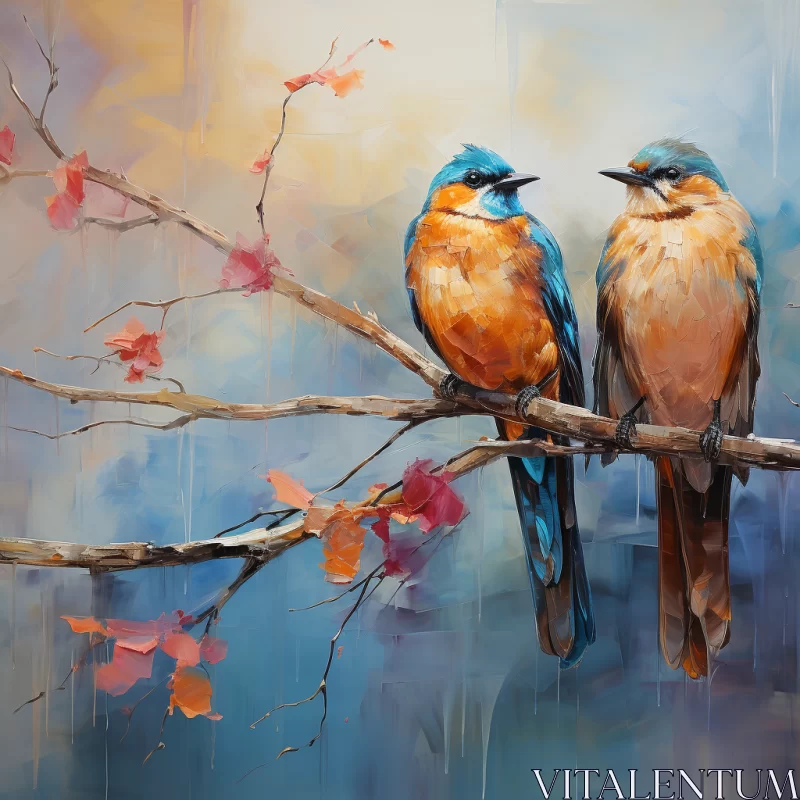 Captivating Painting of Birds Perched Gracefully on Branches in Realistic Impressionism Style AI Image