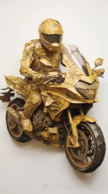 Golden Geometric Abstraction of Futuristic Motorcycle in Wood Veneer Mosaics Style AI Image