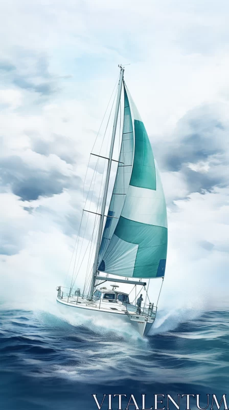 Hyper-Realistic Illustration of a Sailboat in Turbulent Ocean AI Image