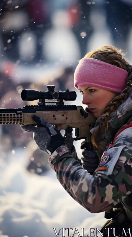 Intense Sniper Game Scene with Woman in Snowy Landscape AI Image