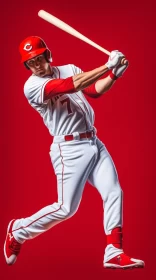 Lifelike Baseball Player Sculpture in Bold Red Background AI Image