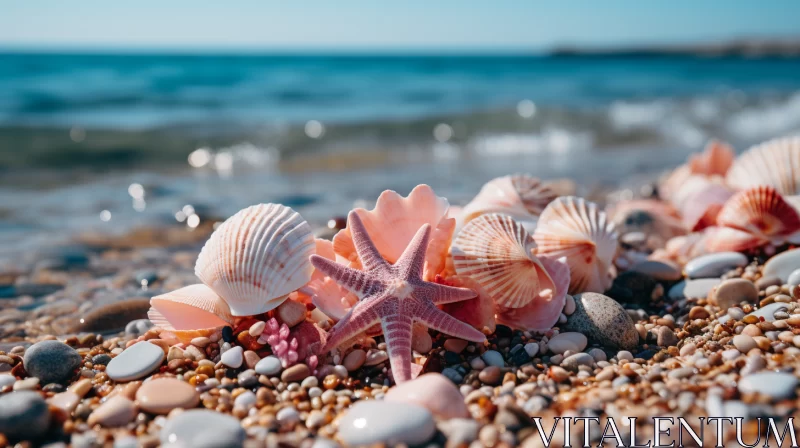 Peaceful Beach Scene with Delicate Seashells and Azure Water AI Image