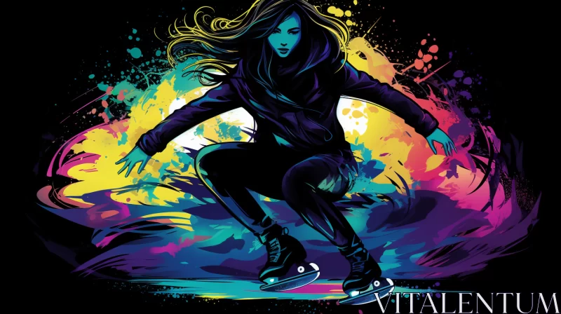 Vibrant Comic Book Illustration of Ice-Skating Girl in Cityscape AI Image