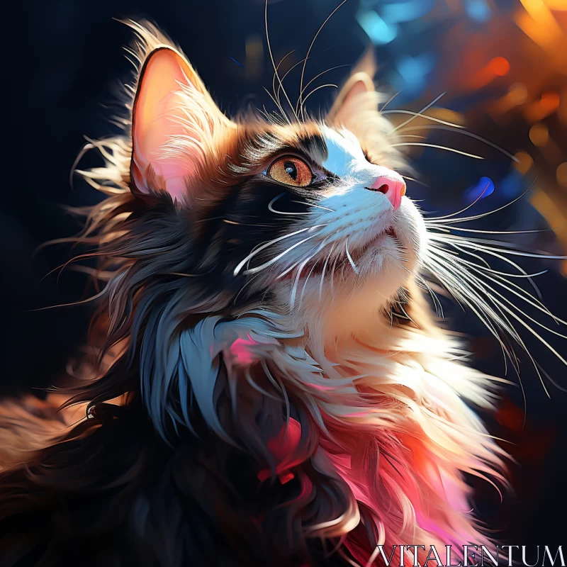 Expressive Cat Gazing at Illuminations in Luminous Amber and Pink AI Image