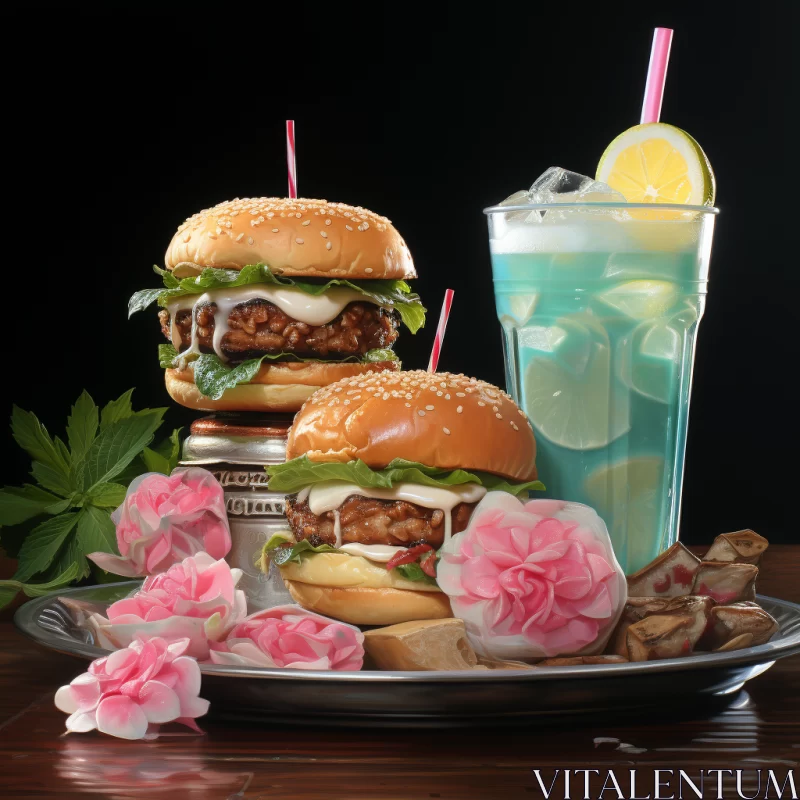 Photorealistic Still Life - Burgers and Drink in Seapunk Style AI Image