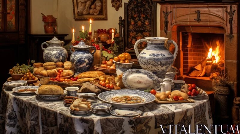 Antique Fireplace with Extravagant Table Settings AI Image