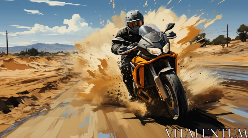 Desert Motorcycle Adventure: Solitary Rider on Winding Dirt Road AI Image