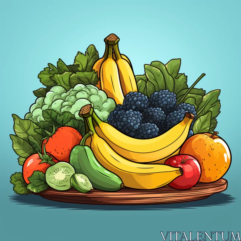 Fresh Fruit and Vegetables in a Vibrant Hand-Drawn Still-Life Illustration AI Image